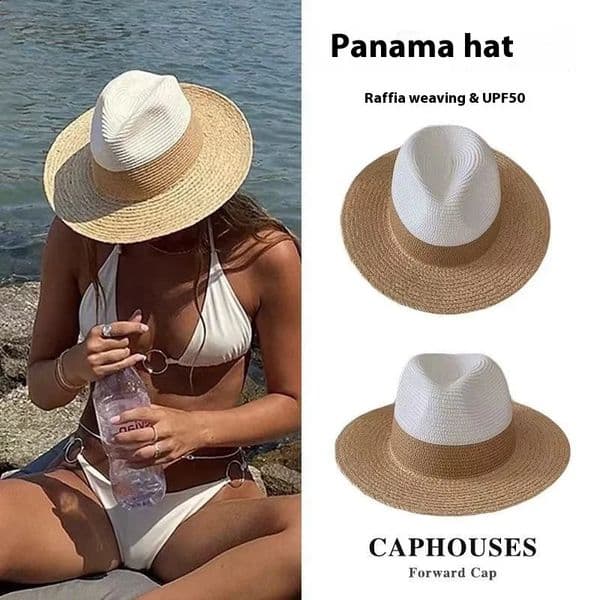 Summer Beh Raffia Spliced Ethnic Style Woven Tape Sunshade Straw Hat Womens Wide Brim Jazz Holiday UV Protection Sun Hats 250326 Z260506