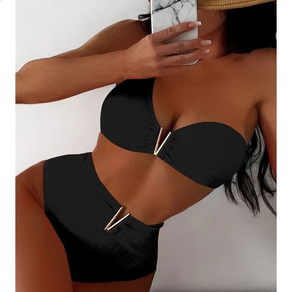 Black sexy bikini womens high waisted swimsuit 250327