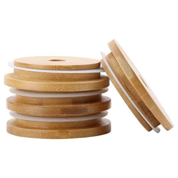 Bamboo Glass Cup Lids 70mm 88mm Reusable Wooden With Straw Hole And Silicone Seal Tapas Para Vasos De Vidrio De Bambu Bambus-glasbecherdeckel