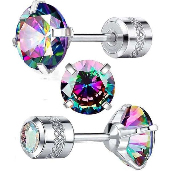 6mm CZ screw flat back earrings suitable for women hypoallergenic earrings newly designed rainbow cubic zirconia earringsXJ250327
