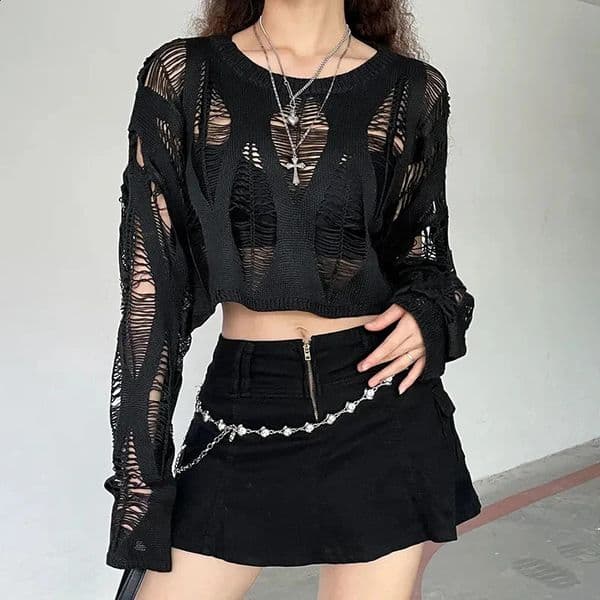 Womens Knitted Shirt Summer Sexy Hollow Out Female Long Sleeve Blouse Fashion All Match Loose Solid Gothic Ladies Crop Top 250322