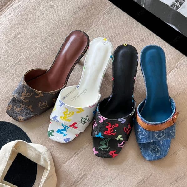 Designer sandals for women high heels slippers dress ladies neo revival mules denim blue mid stiletto cat heel Print woman slides shoes