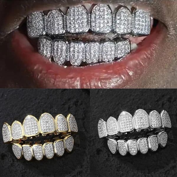 Hip Hop Full Iced Out Teeth Caps Bling Cubic Zircon Top Bottom Charm Set For Men Women Jewelry Gift 250327