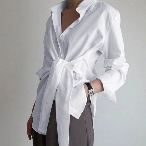 Womens Spring Shirts Chic Comfortable Casual Temperament Loose Tie Waist Shirt Office Business Commuting Pure Color Blouse 250327