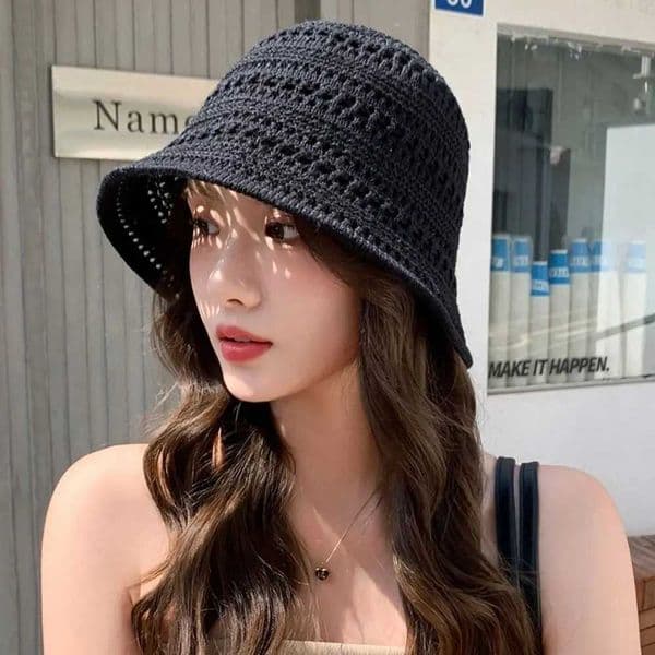 Fashion Hollow Beach Cap Knitted Fisherman Hat Wide Brim Sun Protection Sun Hat Solid Color Foldable Hollow Beach Cap X250329