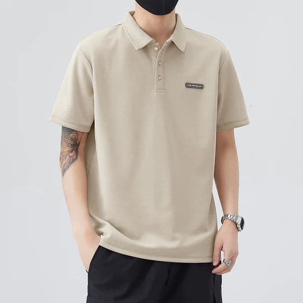 Brown 2025 Summer Casual Mens Tshirt Solid color Short sleeved Collar Business Plus Size Top 250327BANJIA