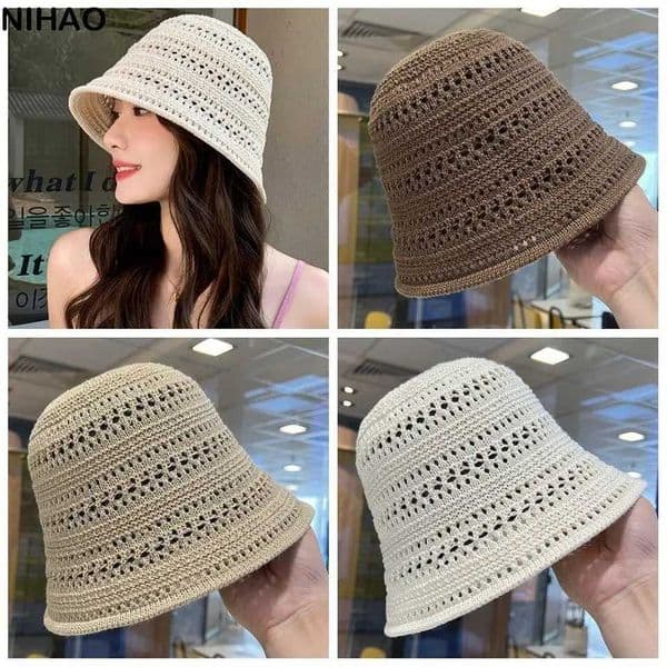 Sunscreen Sweet Straw Sun Hat Temperament Visor Cap Knitted Bucket Hat French Style Hollow Out Seaside Beach Cap Spring Summer X250329