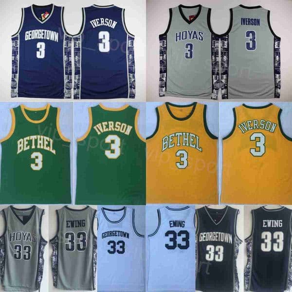 University High School Basketball Allen Iverson Jerseys 3 College Shirt Georgetown Hoyas Patrick Ewing 33 Sportswear Team Navy Blue White Grey Green Yellow Men