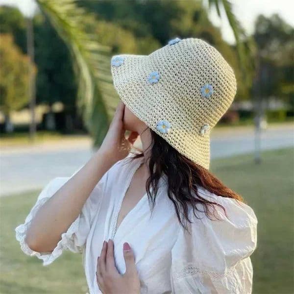 Summer Sun Hat Wen Straw Crochet Bucket Hat Wens Foldable Panama Cap UV Sun Cap Boho Flower Fishing Hat Vacation Beach Hat X250329