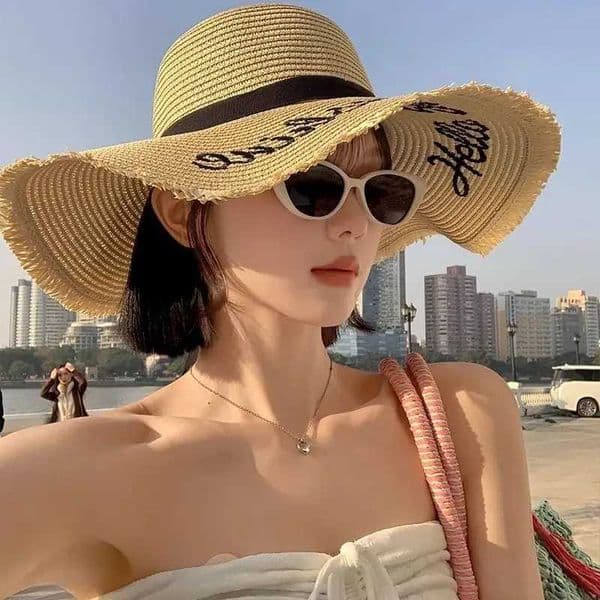 Wens Hello Sunshine Embroidered Raffia Straw Hat - Wide Brim Black Ribbon Beach Summer Outdoor Photography X250329