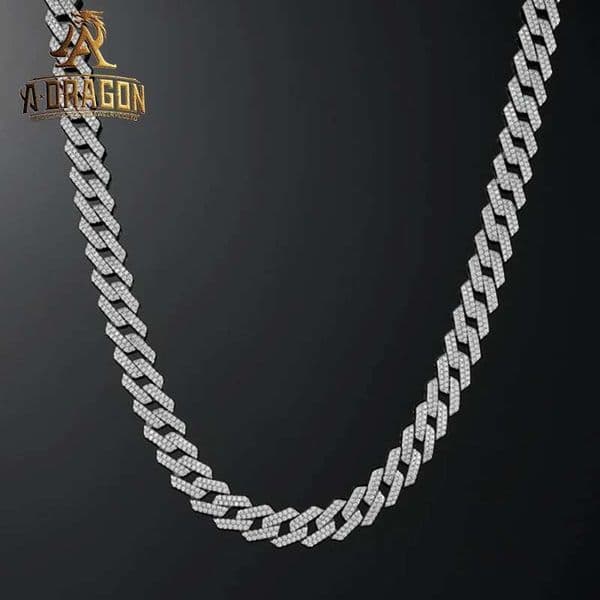18mm Waterproof Iced Out Prong Set Moissanite Diamond White Gold Plated Cuban Chain Necklace for Men