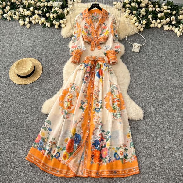 Two Piece Set Woman Two Piece Dress New Summer Lady skirt Elegant Single Breasted Shirt Tops&A-Line Skirts Set 2026 Party Fashion Floral Print Dresses Suit Wome