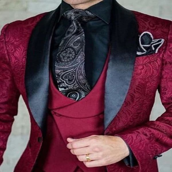 Latest Burgundy/Black Jacquard Mens Wear Ultra Thin Fit 3-Piece Shawl Collar Wedding Evening Dress Ball Mens Wear 250328BJ