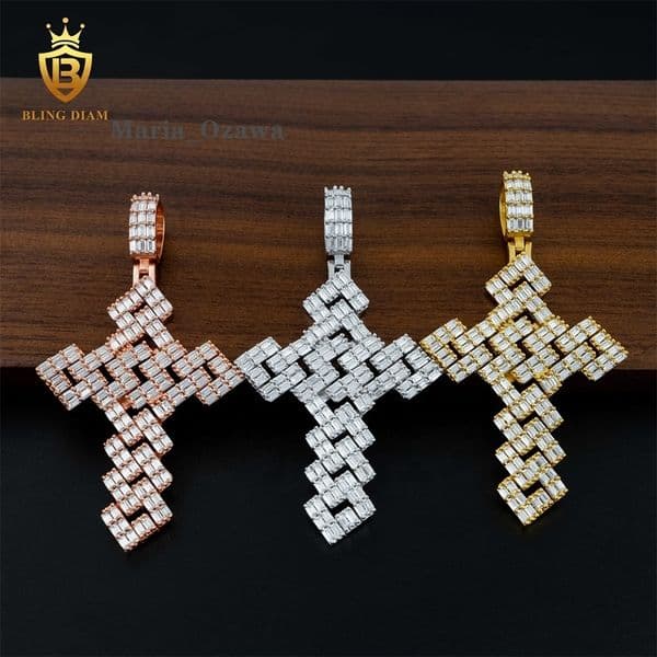 Pass Diamond Tester Moissanite Jewelry 3 Rows baguette Hip Hop Mens Sterling Silver Tone Large Hollow Cross Pendant