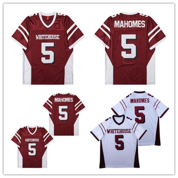 Men 15 5 Patrick Mahomes Whitehouse High School Football Jersey White Red Sewn Throwback Sport Uniforms
