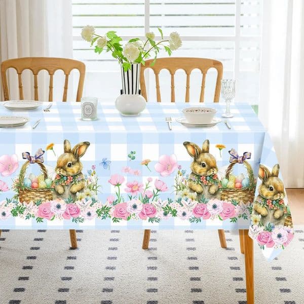 Easter Bunny Eggs Buffalo Plaid Rectangle Tablecloth Holiday Party Decor Spring Flower Waterproof Table Cloth Easter Decorations 250325BJ