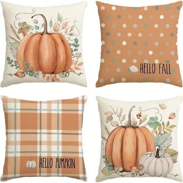 Hello Fall Hello Pumpkin Throw Pillow Covers Autumn Thanksgiving Harvest Orange Eucalyptus Decorations for Sofa Couch Set of 4 250325BJ