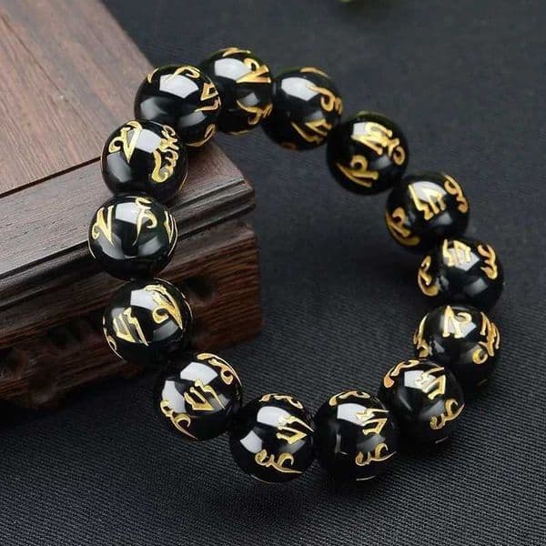 8/10/12/14mm Xizang Buddhist six character mantra bracelet suitable for men women obsidian amulet lucky bracelet jewelry with gift box W250331