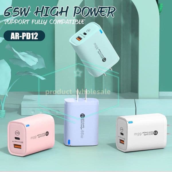 Multiple colors 65W USB A+C charger PD type C fast charging with LED light EU US Plug adapter mobile phone power chargers for iPhone Samsung Android phones