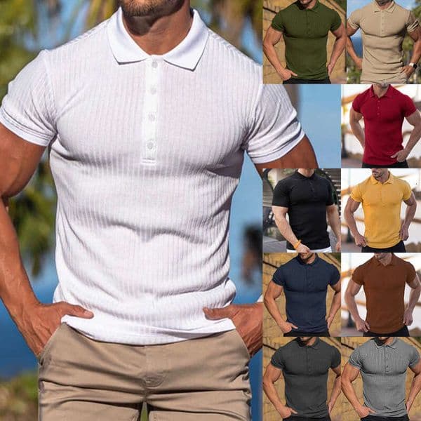 European American summer sports, fiess, leisure, elastic vertical stripe short sleeved polo shirt, men's 2025 new style, chic and elegant clothing
