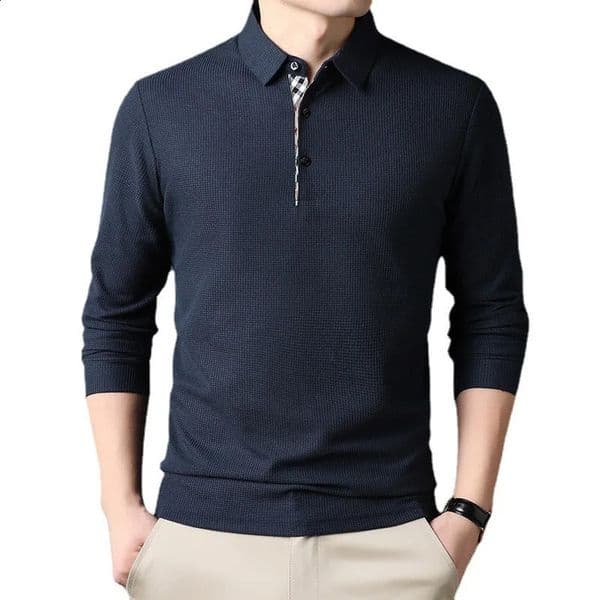 Mens waffle long sleeved Tshirt with fashionable casual collar polo shirt 250321BANJIA
