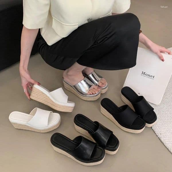 Slippers Women's Shoes Silver On A Wedge Ladies' Platform Heeled Mules Low Summer High Slides PU TPR Scandals Pumps Fabric Rome