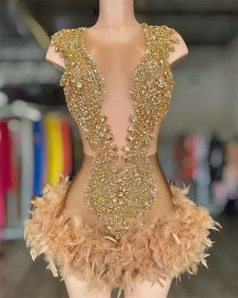 Sparkly Golden Diamonds Prom Dresses For Black Girls Glitter Bead Crystals Rhinestones Feathers Homecoming Party Customized thumbnail 2
