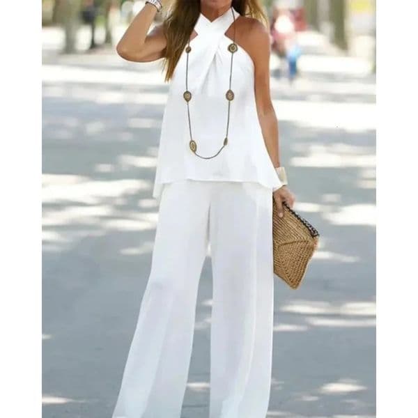 Women Two-Piece Set Halter Sleeveless V-Neck Top High Waist Pants Set Casual Femme Fashion Loose Outfits for Woman Tracksuit 250423