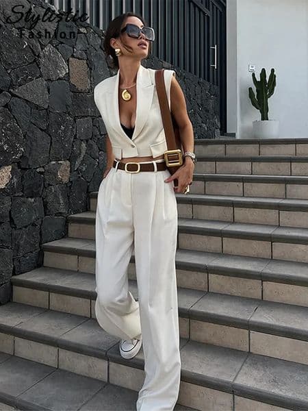 Elegant vest pants set for women white Vneck sleeveless button up short top wide leg summer fashion office womens 250530