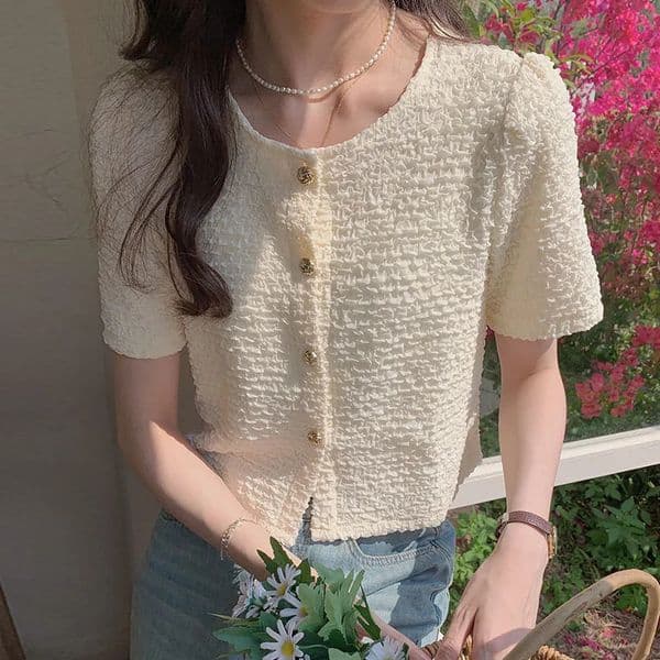 Summer Short sleeved Oneck Womens Shirt Sweet White Top 2025 Blusas Para Mujer Blusa XL183 250422BANJIA