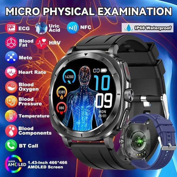 LIGE 2025 New Healthy Blood Fat Uric Acid Smart Watch Men ECG+PPG Micro Physical Examination Body Temperature BT Call Smartwatch