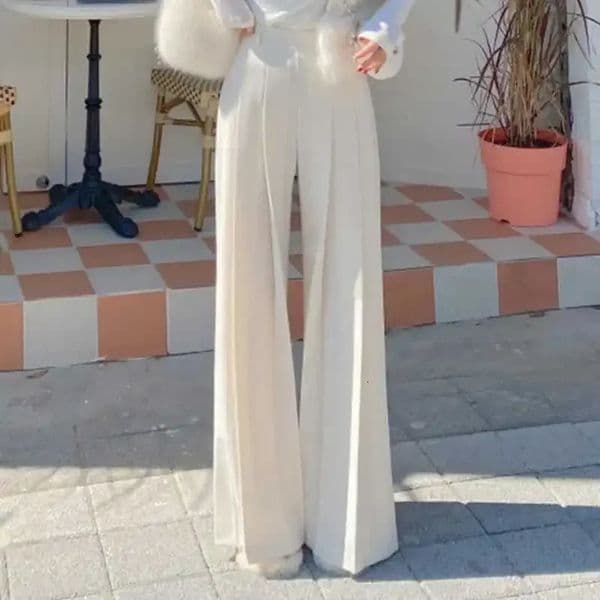 High waist wide leg loose casual pants drawstring simple style floor length straight cut suitable for women 250427BJ