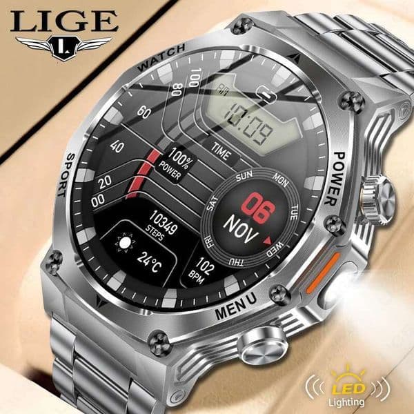 LIGE Steel Smart Watches Men 800mAh Battery Flashlight LED 1.8 HD Screen Display Heart Rate Bluetooth Call Sport Smartwatch 2025