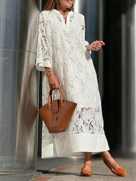 Abrini White Embroidered Lace Dress Womens Spring Sexy V-neck Hollow Party Dress Bohemian Loose Long Holiday Dress 250428