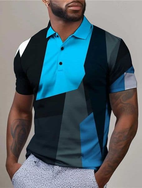 2024 Color Block Geometry Mens Fashion Casual Golf Polo Shirt Short Sleeve Rotating Polo Shirt Summer Micro Elastic Collar Polo Shirt W250504