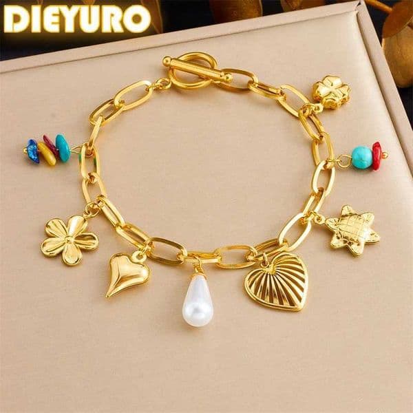 DIEYURO 316L stainless steel gold hollow love pearl turquoise bracelet used for warm classic wrist chain jewelry party gifts X250504