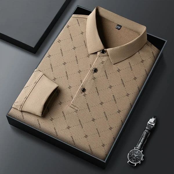 mens business casual long sleeved shirt with badge solid color polo fashionable breathable and comfortable lapel top p250430Z