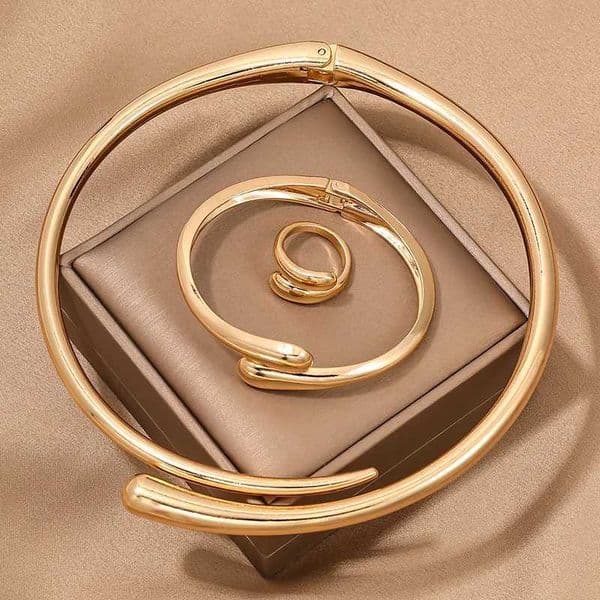 3PCS Punk Geetric Smooth Metal Collar With Spring Open Choker Necklace for Wen Simple Gold Color Bangles Ring Jewelry Set X250504