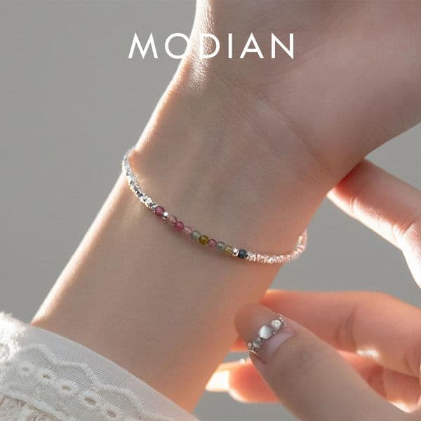MODIAN 925 sterling silver natural colored bead tourmaline charm bracelet cute stackable link chain 250430