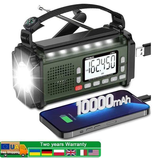 PRUNUS 924 10000mAh manual crank radio AAA battery powered emergency solar radio NOAA weather radio AM/FM/SW power bank light X250505