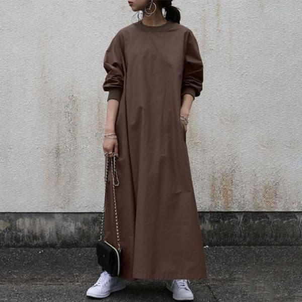 (99) New Solid Color Casual Loose Large Size Round Neck Threaded Long Sleeve Long Dress