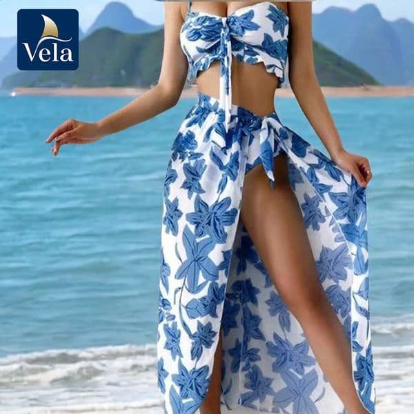 Vela Blue Brazilian Vikinis 3Piece Bikini Set Womens High Waist Push Up and Pad Bra Printed Swimsuit 250428