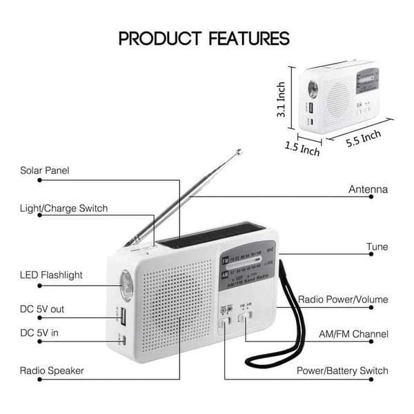 Emergency radio with solar energy and manual crank self powered battery USB charging FM/AM radio LED flashlight mobile phone charger X2505051
