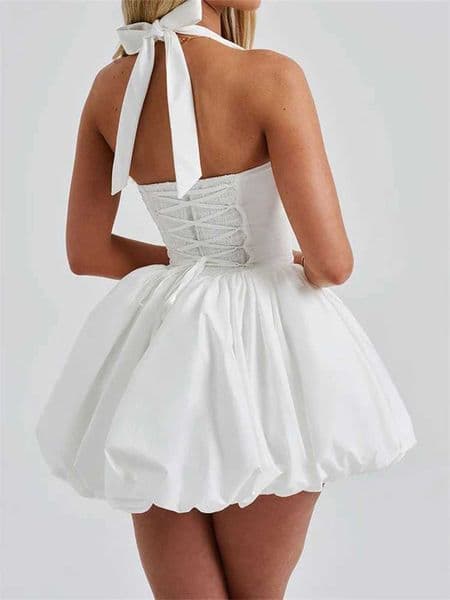 Womens spaghetti strap dress summer lace up sleeves backless tight corset bubble dress party evening club streetwearXJ250504