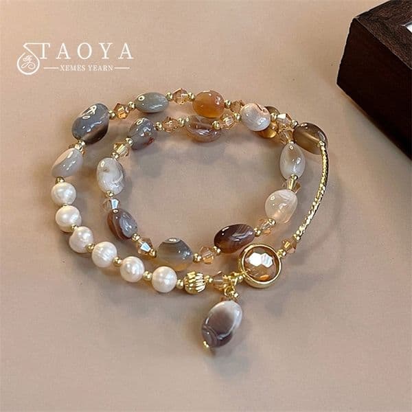 Double layer natural stone bead pearl metal multi-element bracelet for womens summer sweet accessory trend jewelry 250428