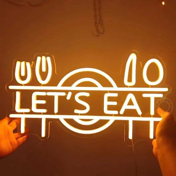 Lets Eat Led Neon Light Sign Fork Knife Spoon Plate Dish Food Restaurant Kitchen Canteen Party Wall Sign Decor Gift USB Powered Z250506