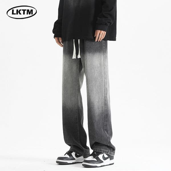 2025 New Product Gradient Jeans Men's American High Street Trendy Brand Drawstring Casual Straight Pants