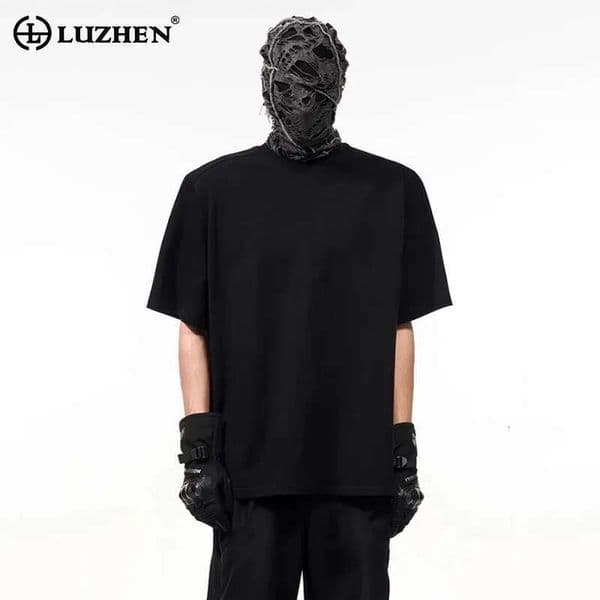 LUZHEN Trendy High Quality Solid Color Short Sleeve T-Shirts Men's 2025 Summer Round Neck Loose Shoulder Pad Tops Clothes Jy1667