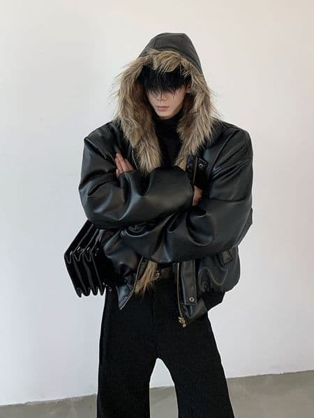Men's Jackets Hip Hop PU Leather Jacket Handsome Men's Fur One-Piece Imitation Fur Jacket