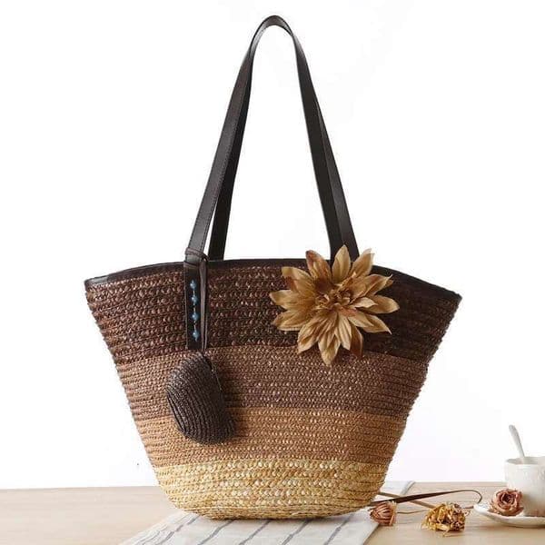 2022 Fashion Handwoven Tote Shoulder Bag 2 in1 Crochet Straw Braided Handbag Applique Hit Color Striped Print Beach Bags